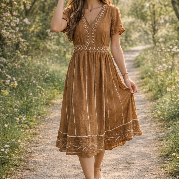 Roolee Dresses & Skirts - ROOLEE Brown Embroidered Midi Dress Small Boho Cottagecore Prairie Cotton Lined